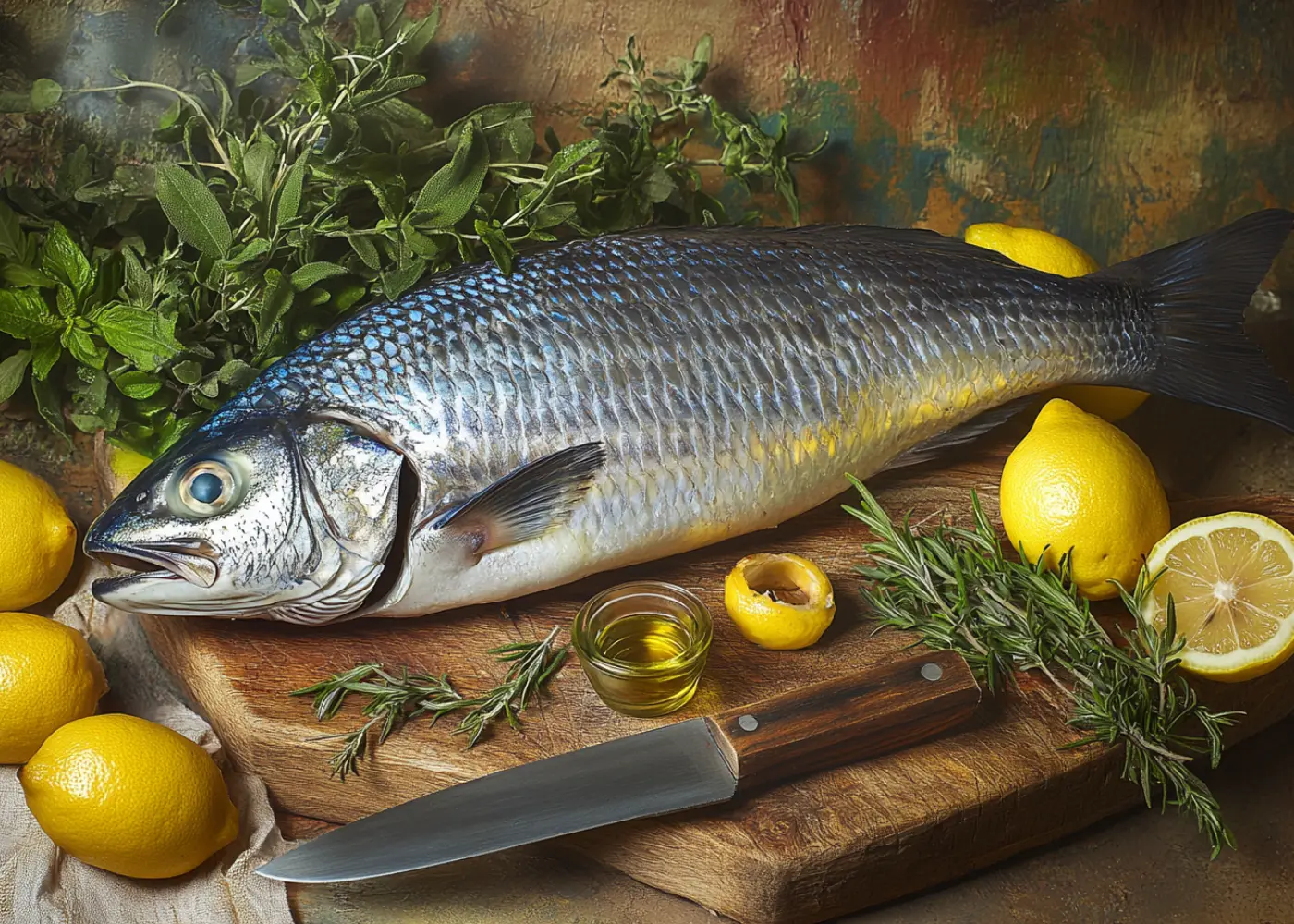 Fresh whole Loup de Mer with lemon, herbs, and olive oil