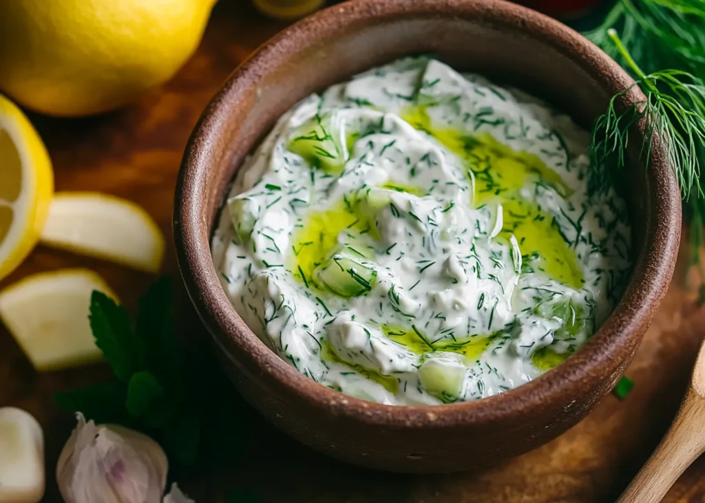 Thick, creamy tzatziki sauce garnished with fresh dill and olive oil drizzle
