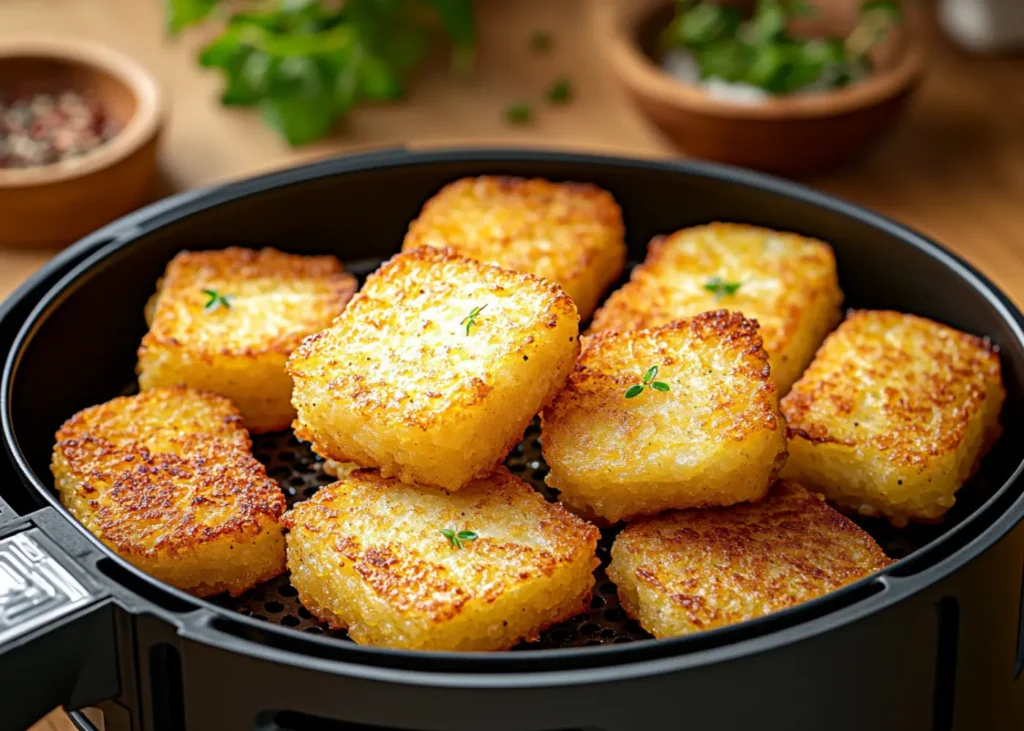 Frozen hash brown patties cooking inside an air fryer basket