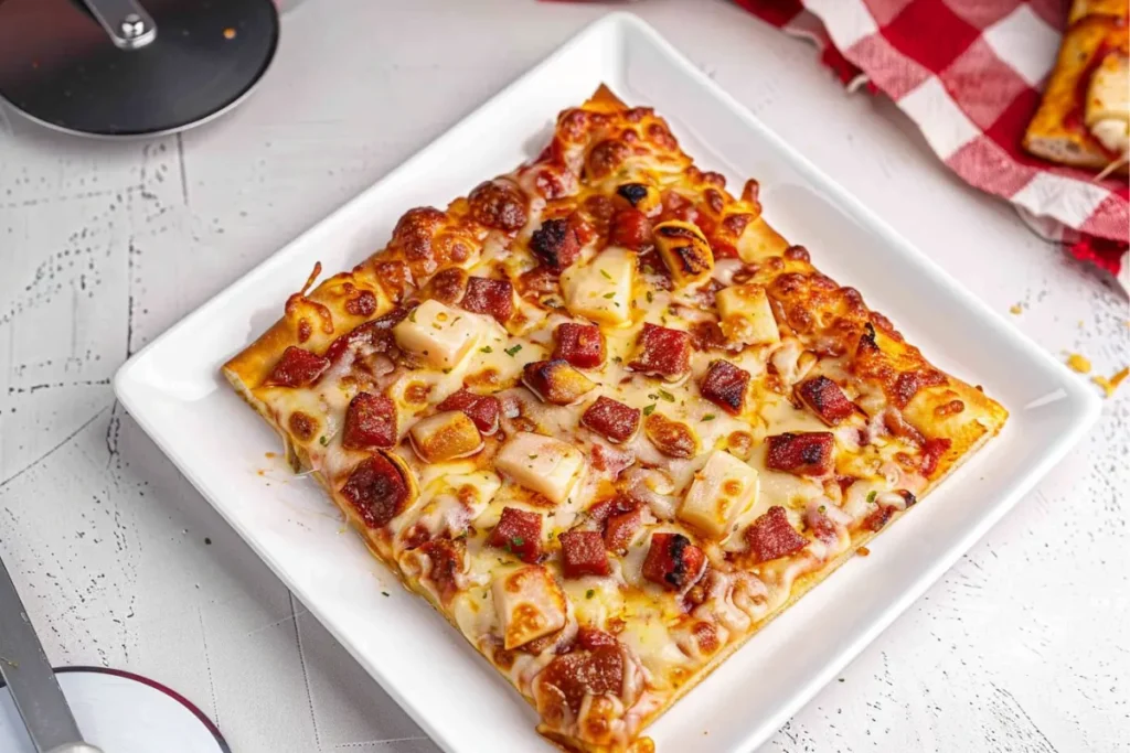 Crispy, golden-brown Totino's Pizza Air Fryer inside an air fryer basket, with bubbling cheese and charred pepperoni