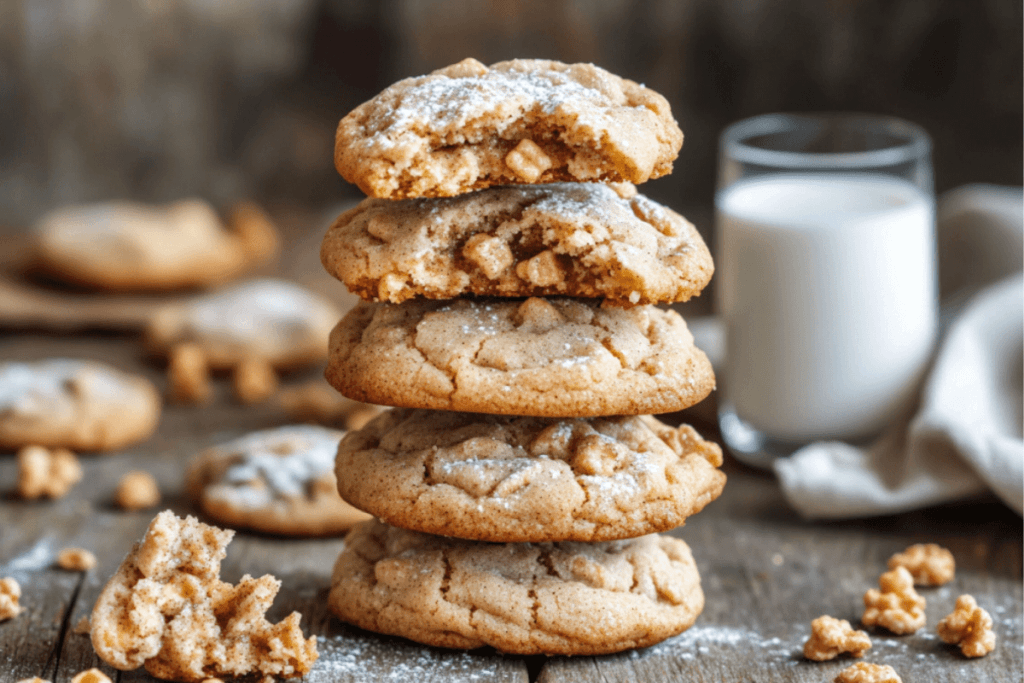 Stack of cinnamon toast crunch cookies with cereal pieces and a glass of milk on rustic table