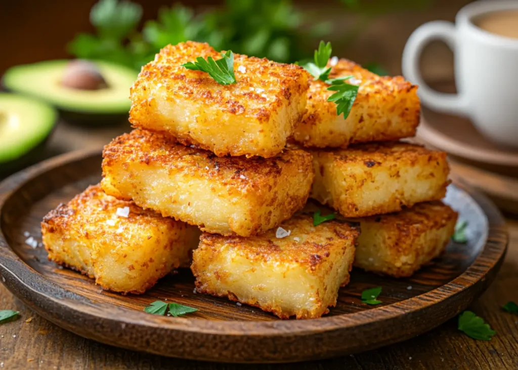 Crispy air fryer hash browns stacked on a plate with parsley garnish
