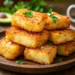 Crispy air fryer hash browns stacked on a plate with parsley garnish