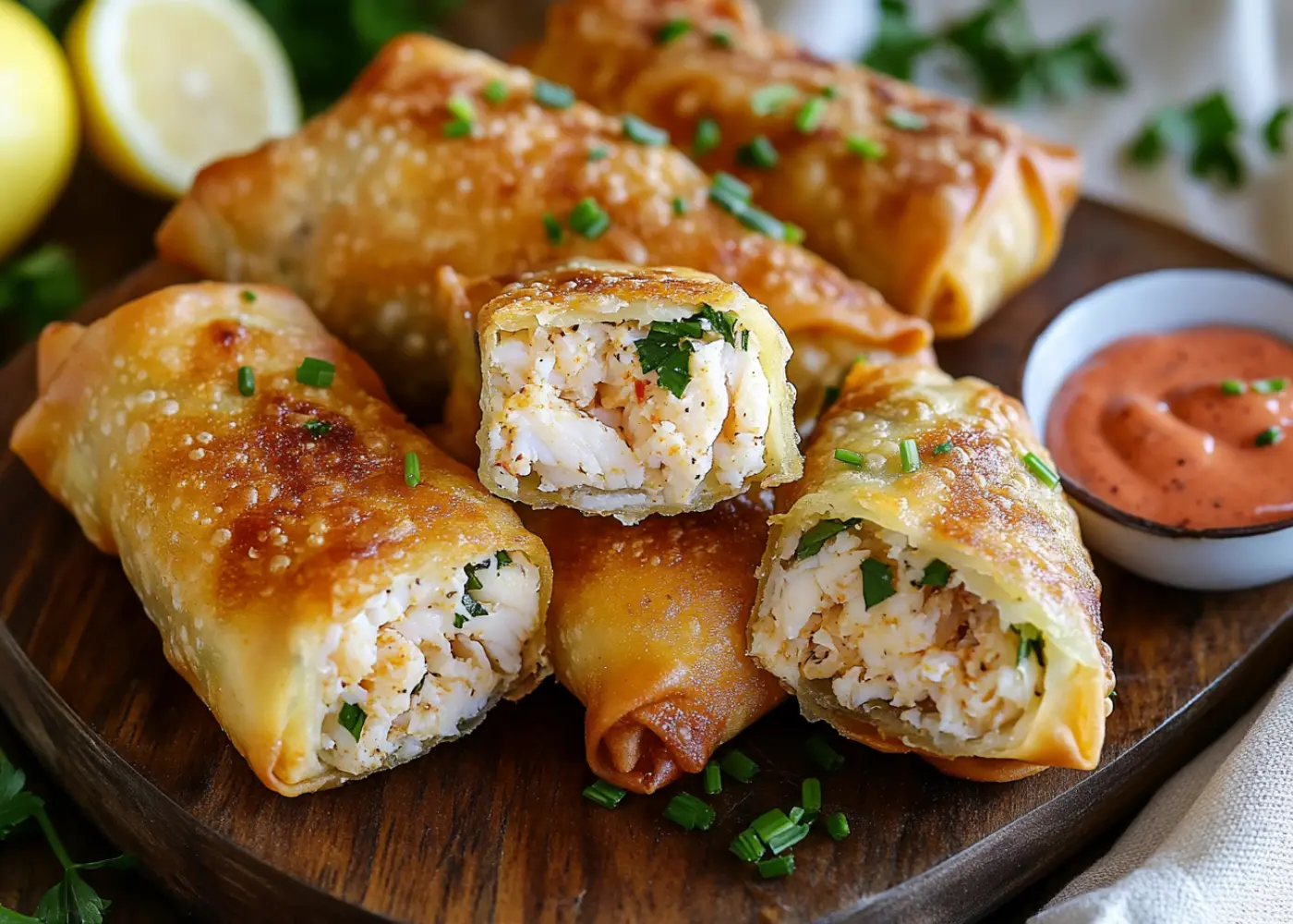 Golden crispy crab cake egg rolls with remoulade sauce