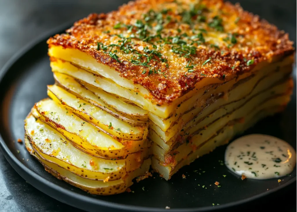 A beautifully layered potato terrine with a golden crispy top and fresh thyme garnish.