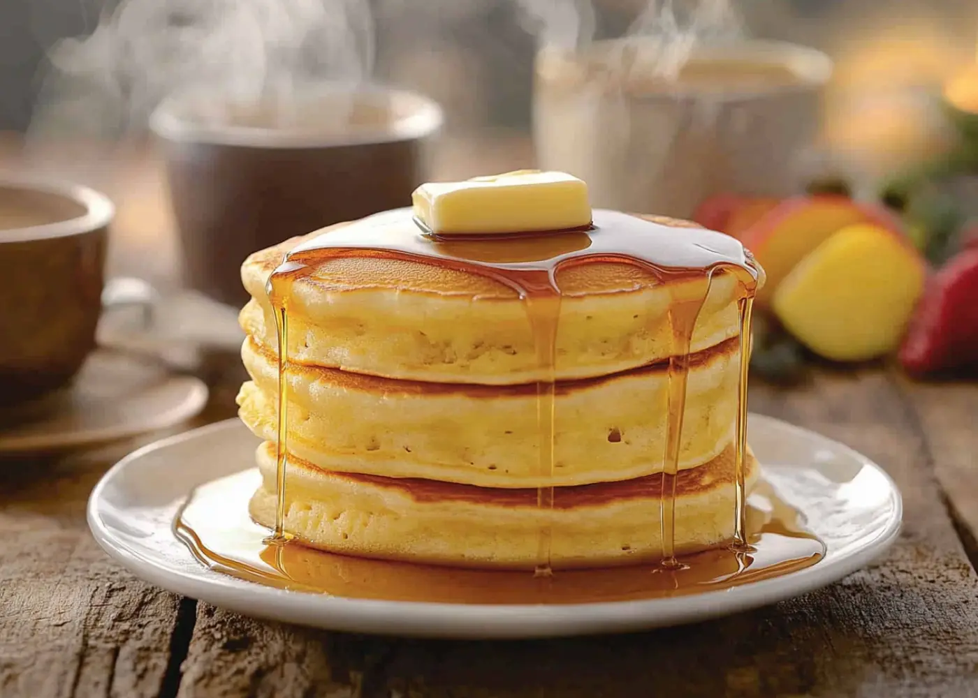 Fluffy hotcakes drizzled with maple syrup and melting butter
