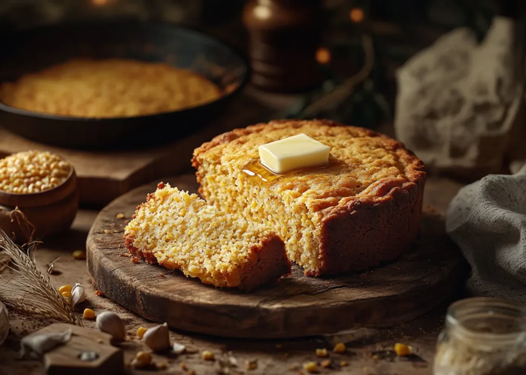 Golden cornbread without eggs, soft and fluffy inside, crispy crust, served on a wooden board.