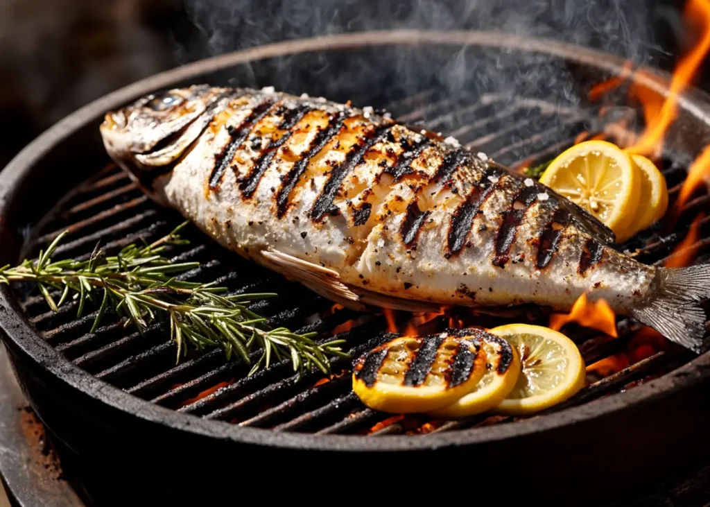 Grilled Loup de Mer with charred lemon and rosemary
