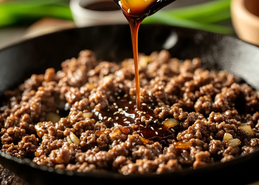 Ground Beef Bulgogi Recipe served over white rice with green onions
