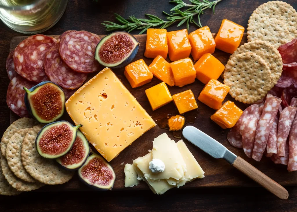 Elegant habanero cheese board with crackers, fruits, and cured meats
