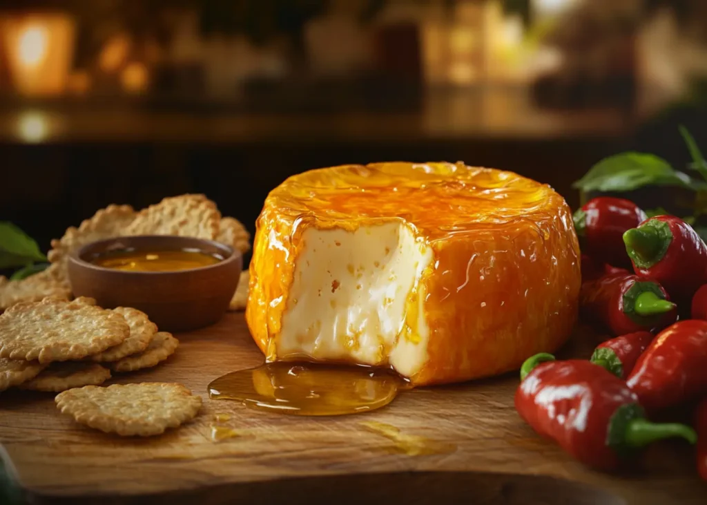 Habanero cheese wheel with crackers and habanero peppers