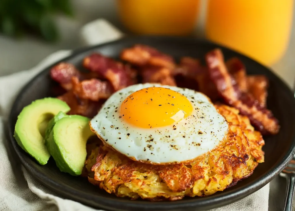 Golden air fryer hash browns served with a sunny-side-up egg and bacon