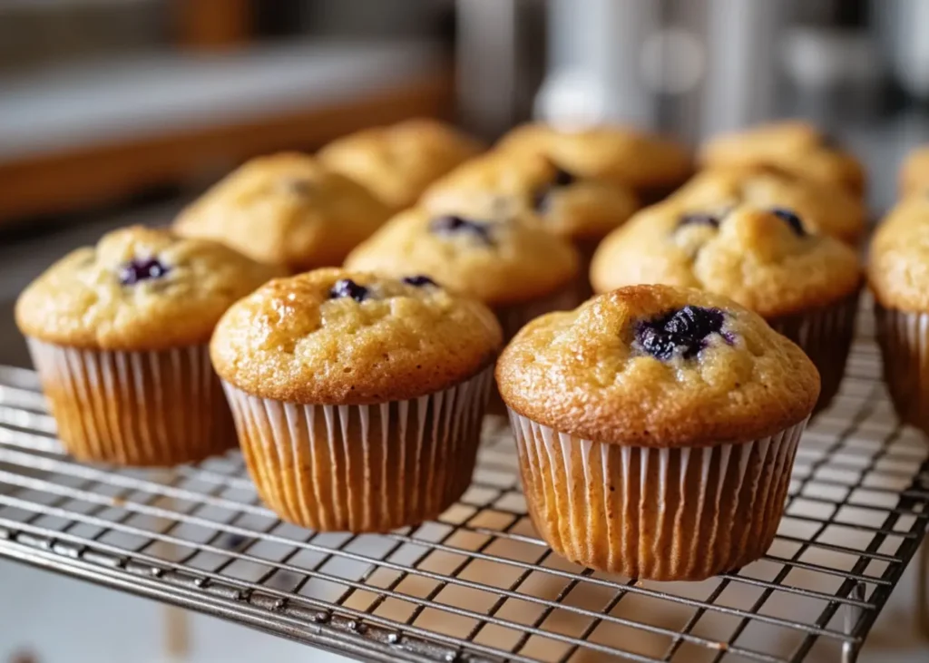 Freshly baked muffins made from hotcake mix recipe, cooling on a rack