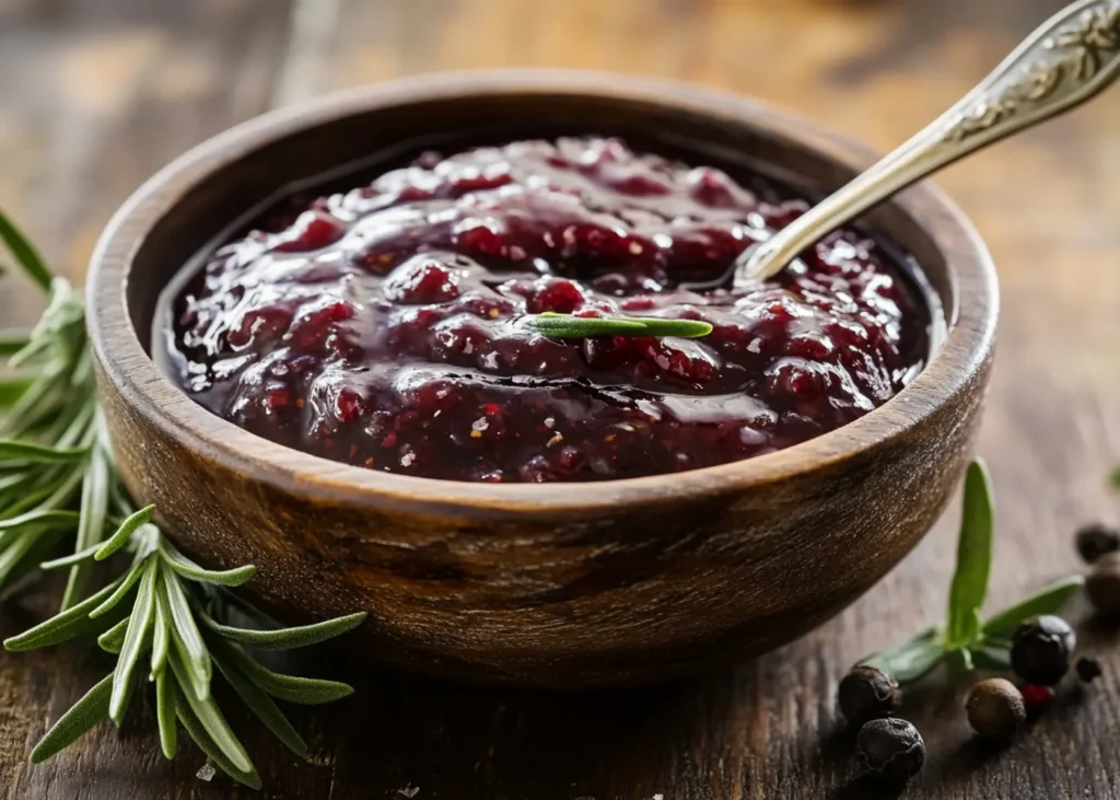 Thick and glossy red wine reduction sauce in a wooden bowl
