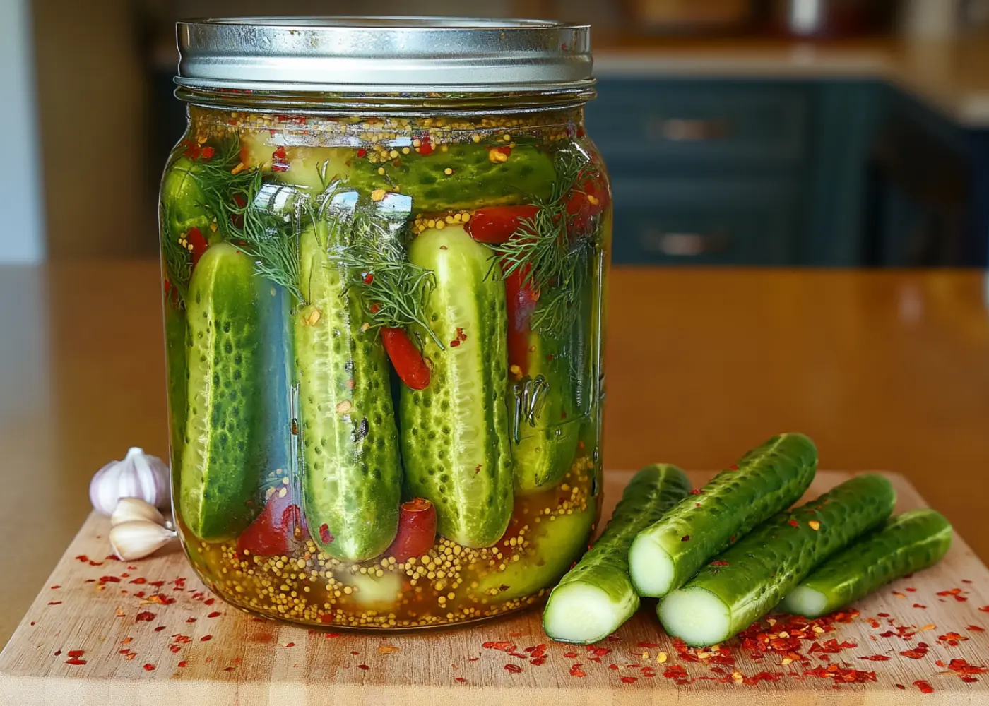 A glass jar filled with homemade spicy pickles, chili peppers, and dill