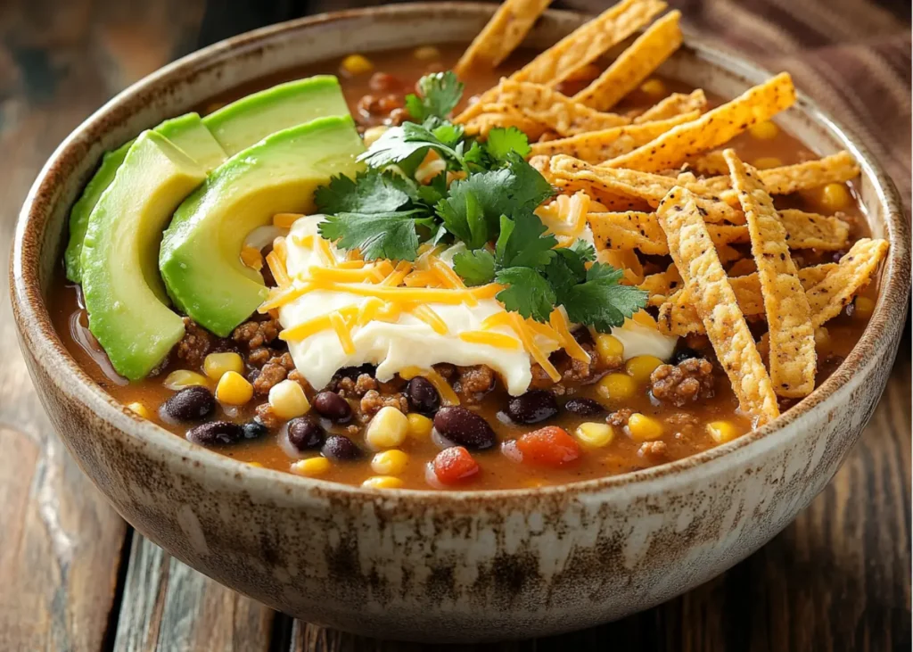 A bowl of taco soup frios topped with avocado, cheese, and crispy tortilla strips.