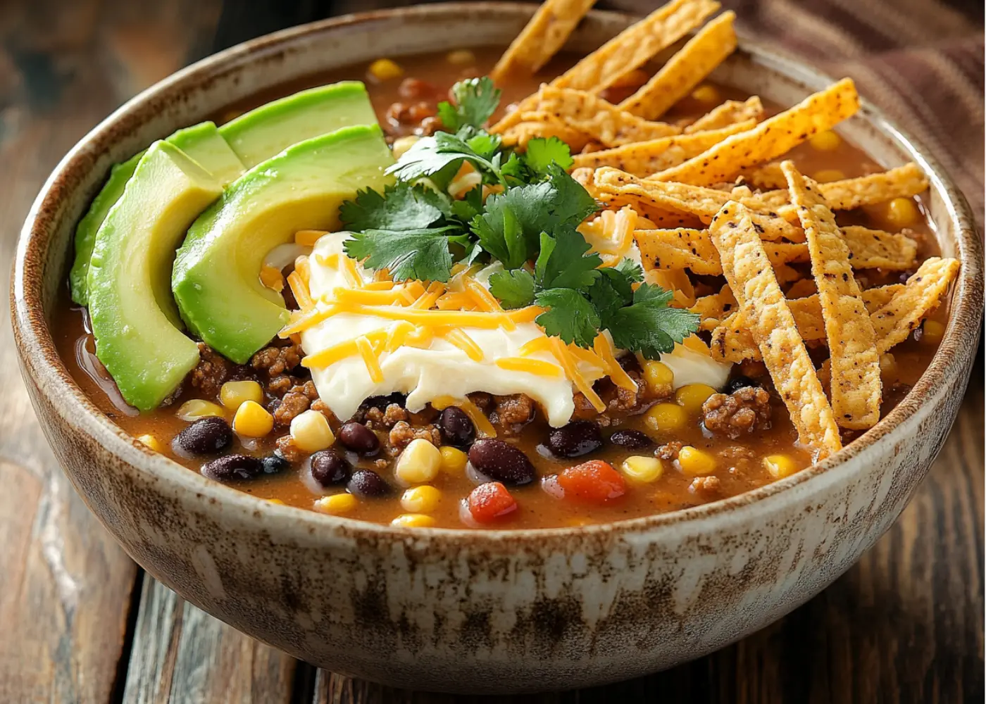 A bowl of taco soup frios topped with avocado, cheese, and crispy tortilla strips.