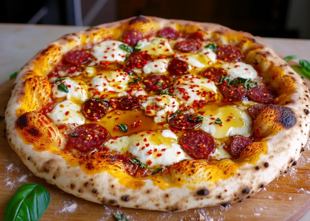 Close-up of Honey Stung Pizza with spicy soppressata and chili flakes, drizzled with golden honey.
