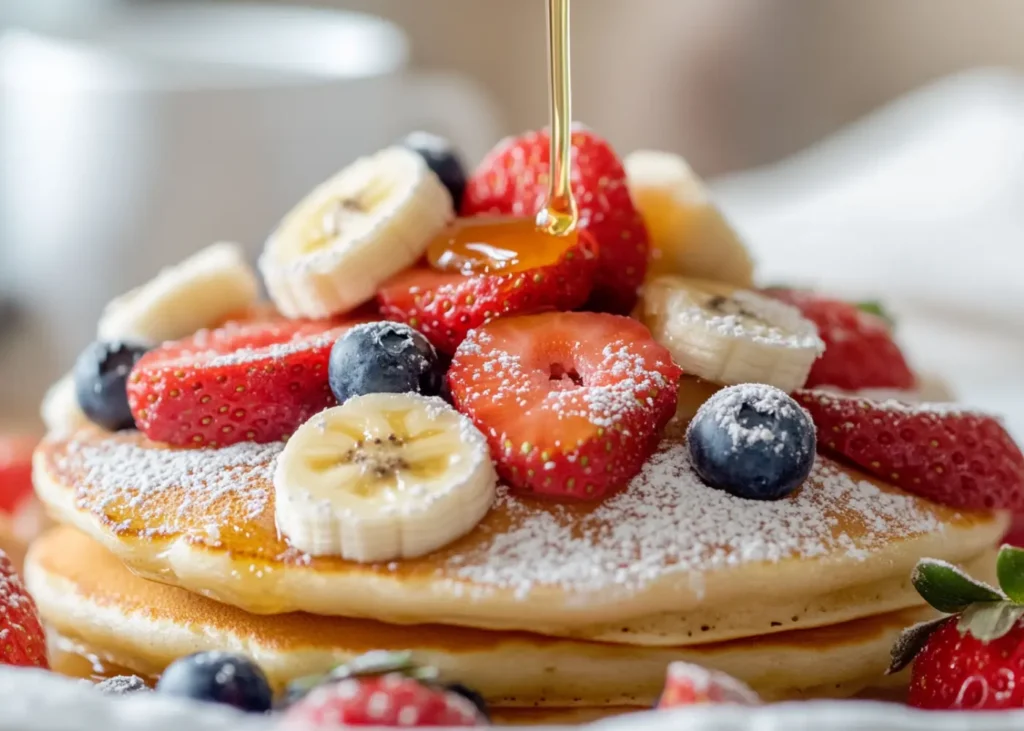 Stack of hotcakes topped with banana, berries, and honey drizzle is good Topping for hotcake mix recipe