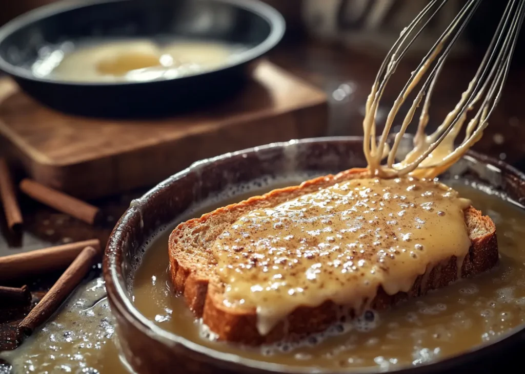 Sourdough bread dipped in egg batter before cooking