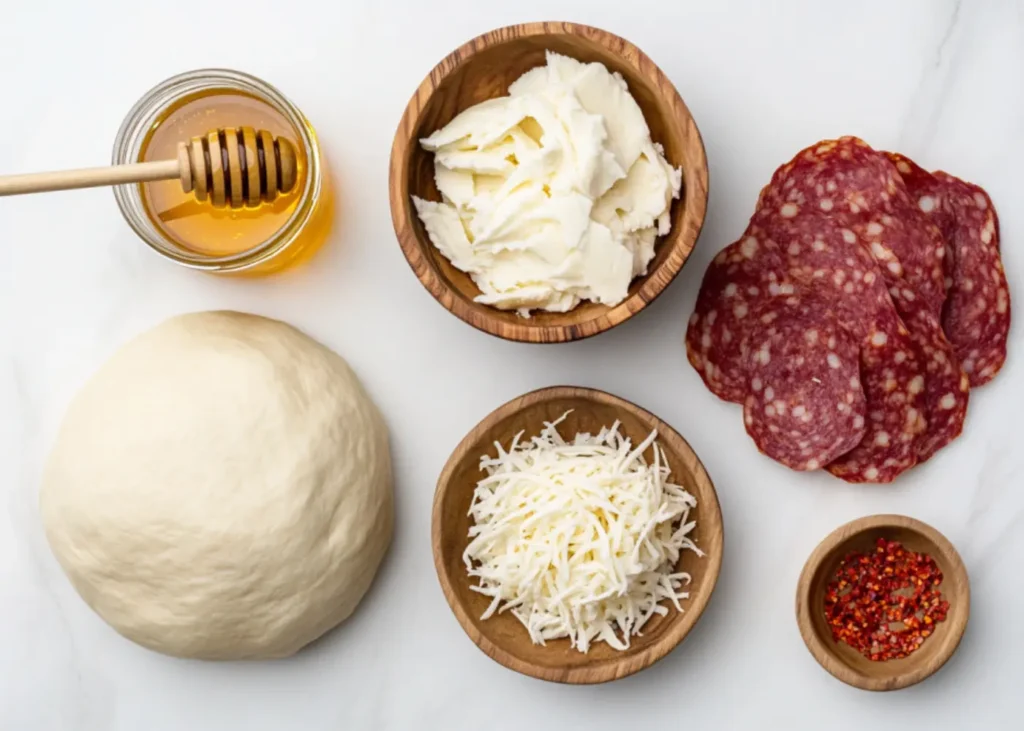 Fresh pizza dough, mozzarella, soppressata, and honey on a marble countertop.