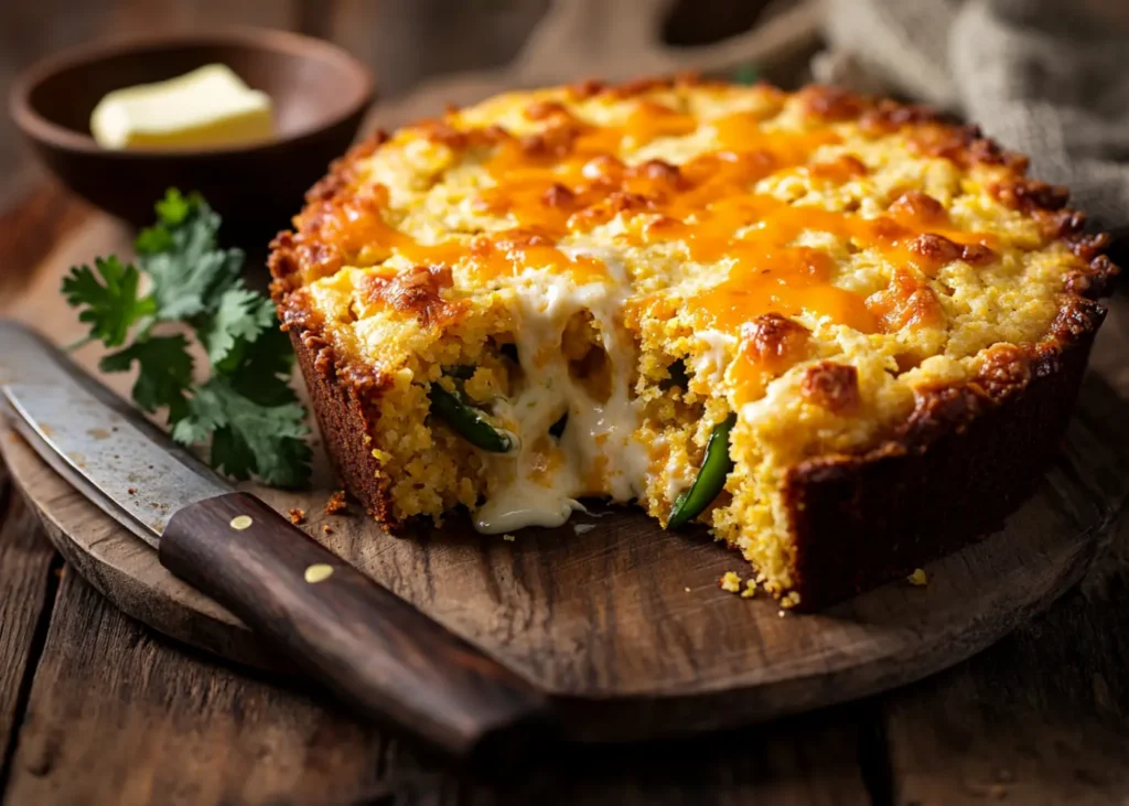 Egg-free cornbread with jalapeños and melted cheddar cheese, golden brown crust.