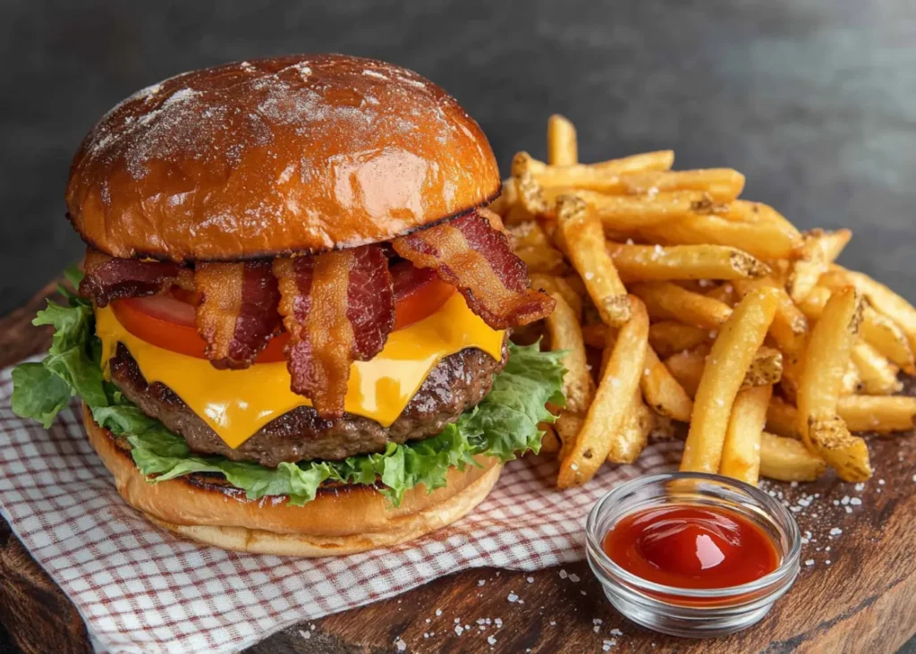 Juicy burgers and crispy fries on a plate of Burgers and Fries