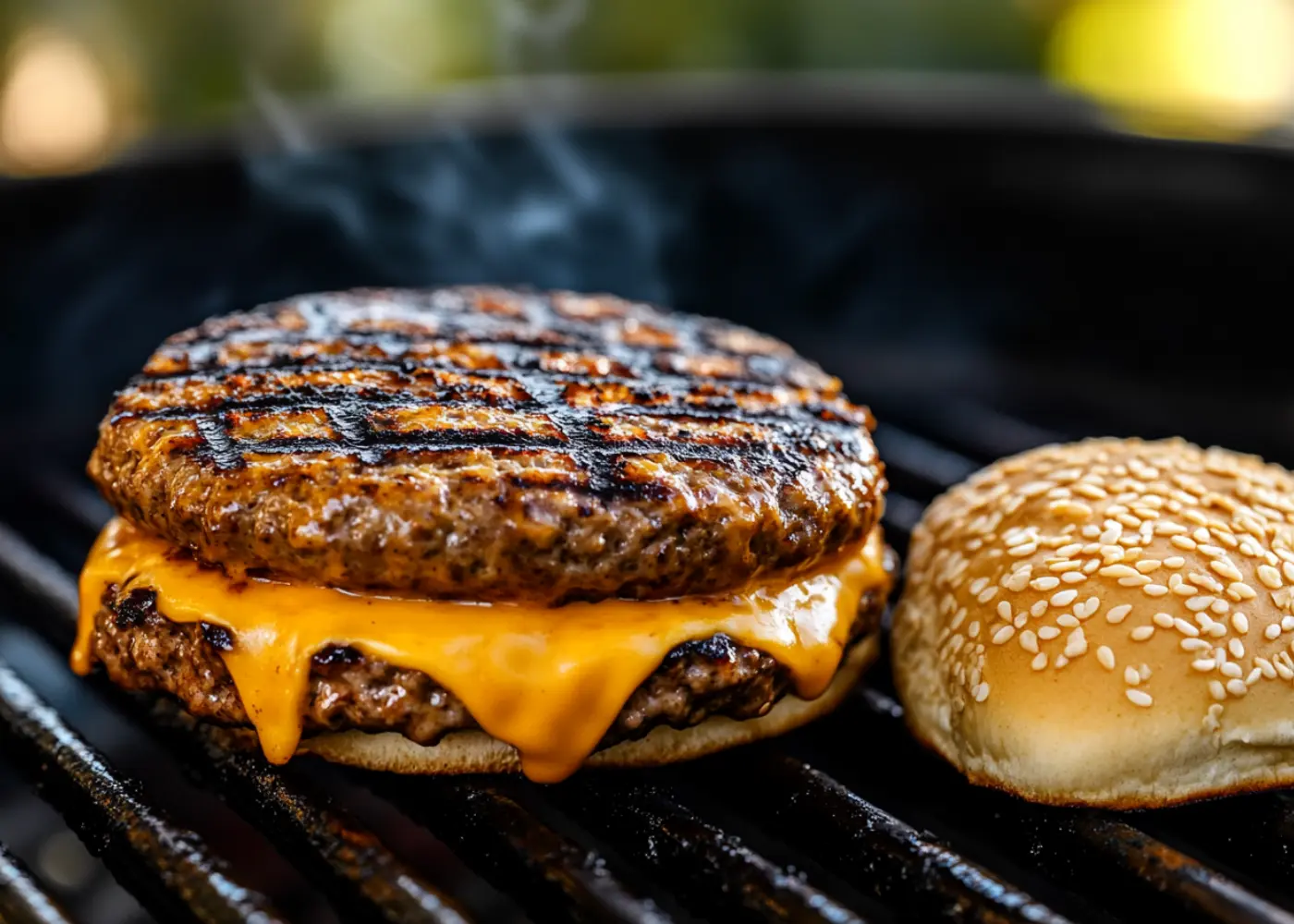 Juicy grilled frozen burger patty with melted cheese over hot flames