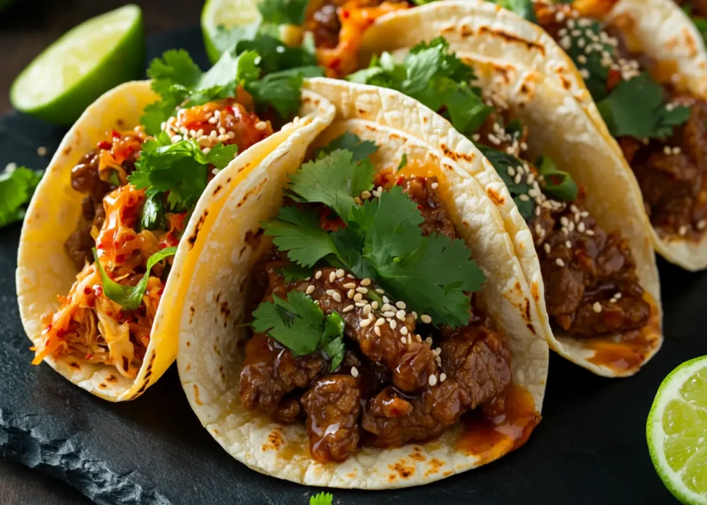 Trader Joe's Bulgogi tacos served in warm corn tortillas, topped with kimchi slaw, sriracha mayo drizzle, and fresh cilantro for a bold fusion of flavors. Bulgogi tacos with kimchi slaw and sriracha mayo.