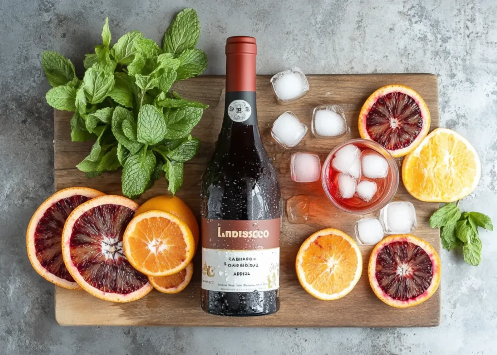 Ingredients for Lambrusco Spritz Recipe displayed on a rustic board
