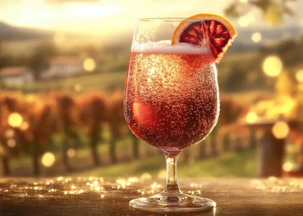 Lambrusco Spritz Recipe with sparkling soda and blood orange garnish
