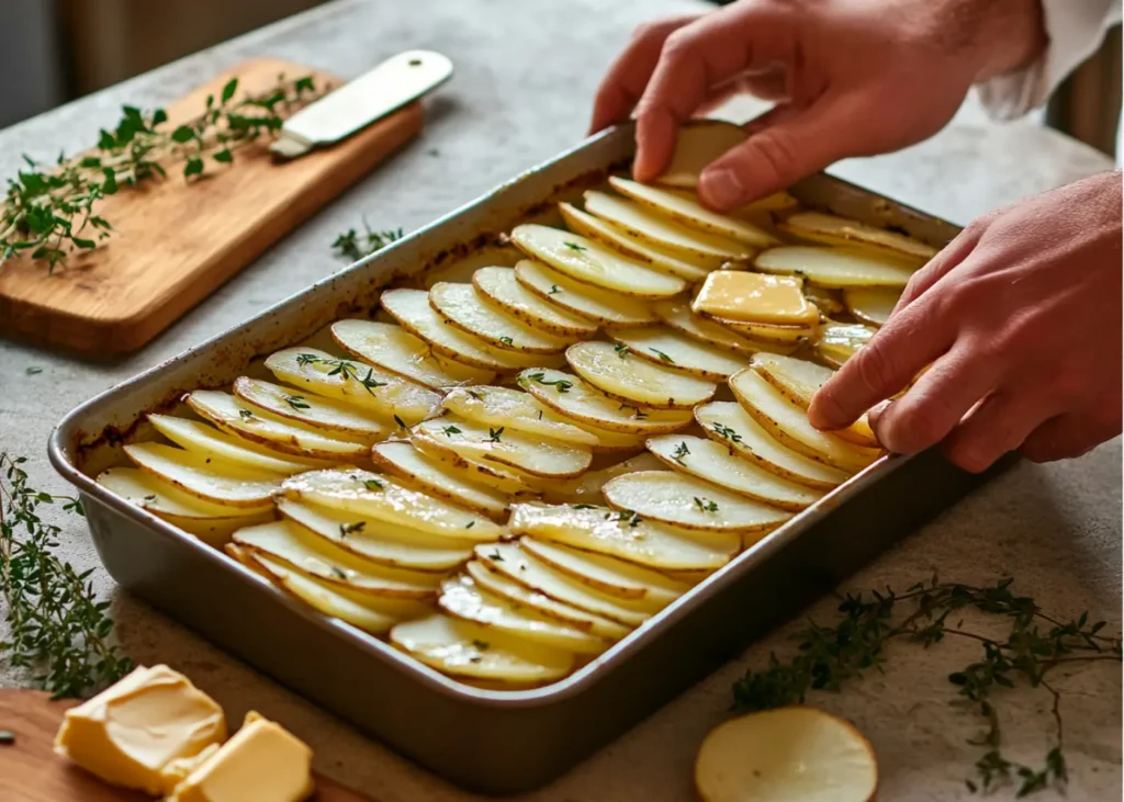 A chef's hands arranging thin potato slices in a baking dish to prepare a potato terrine.
