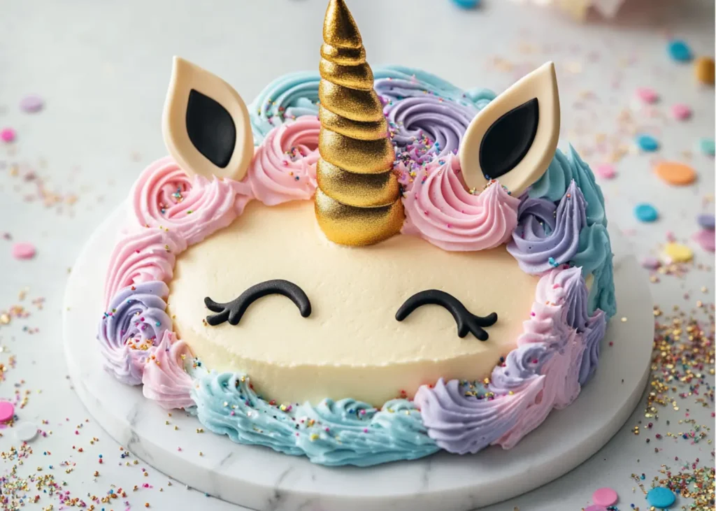 A beautiful unicorn cake with a golden horn and pastel-colored frosting mane.