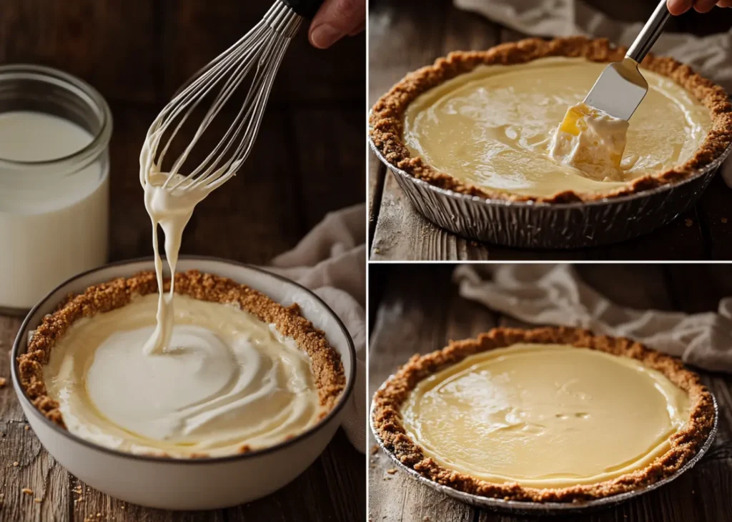 Mixing Jello pudding with milk in a bowl for pie filling