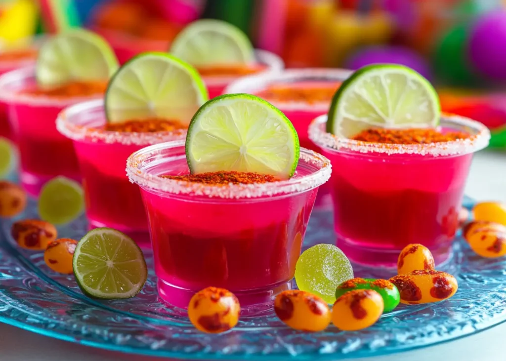 Vibrant Mexican Candy Jello Shots with lime slices and TajÃn