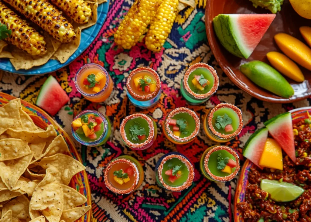 Mexican Candy Shots served with nachos, elote, and chili mango slices