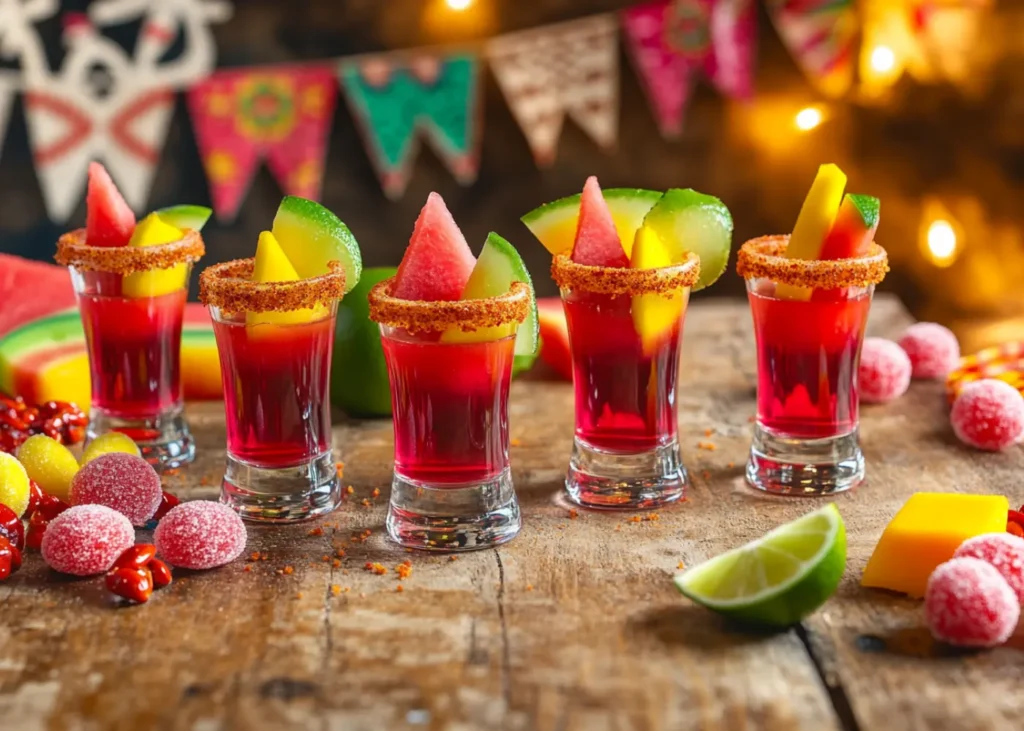 Vibrant Mexican Candy Shots with TajÃ­n-rimmed glasses and fruit garnish