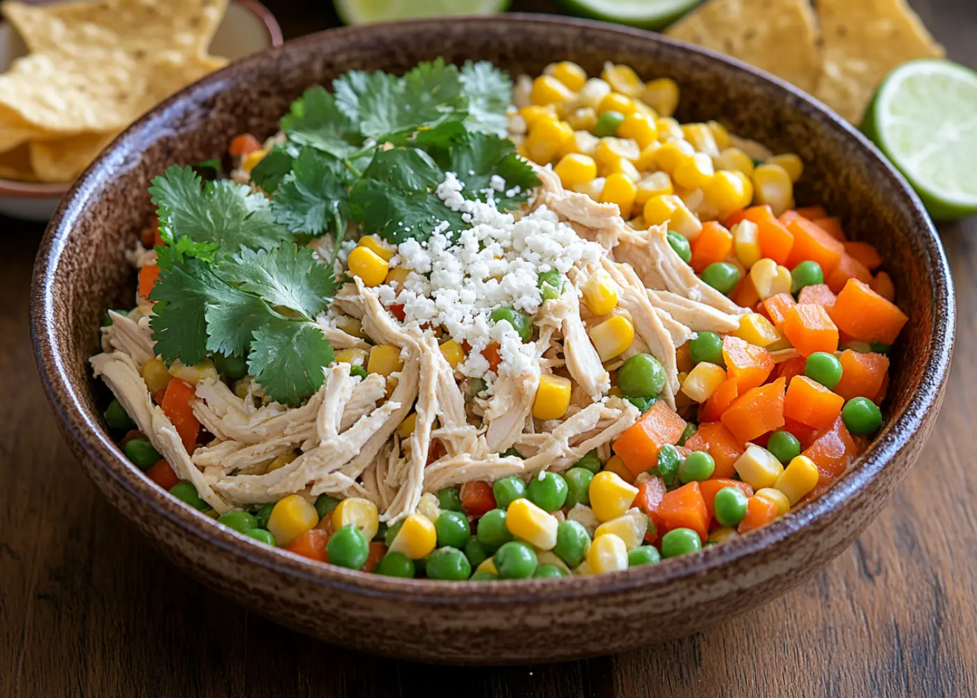 Dish from Mexican chicken salad recipe with shredded chicken, vegetables, and creamy dressing in a rustic bowl