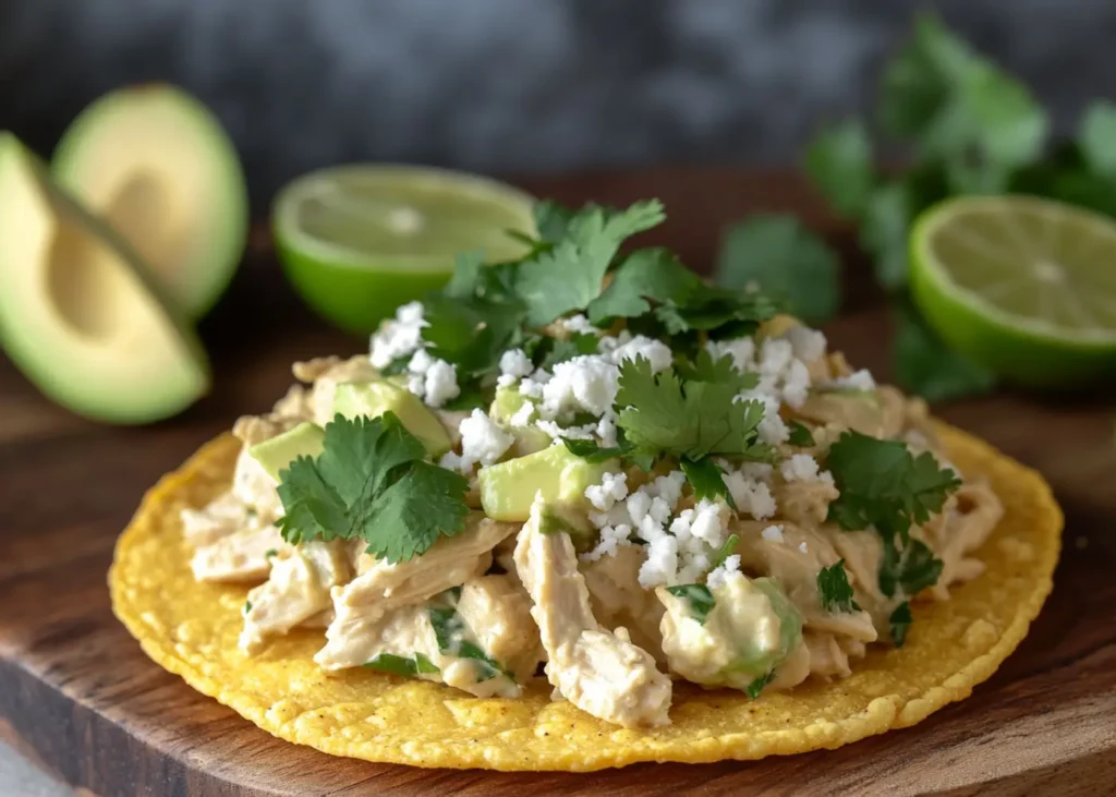 Mexican chicken salad recipe on a crispy tostada with lime and avocado
