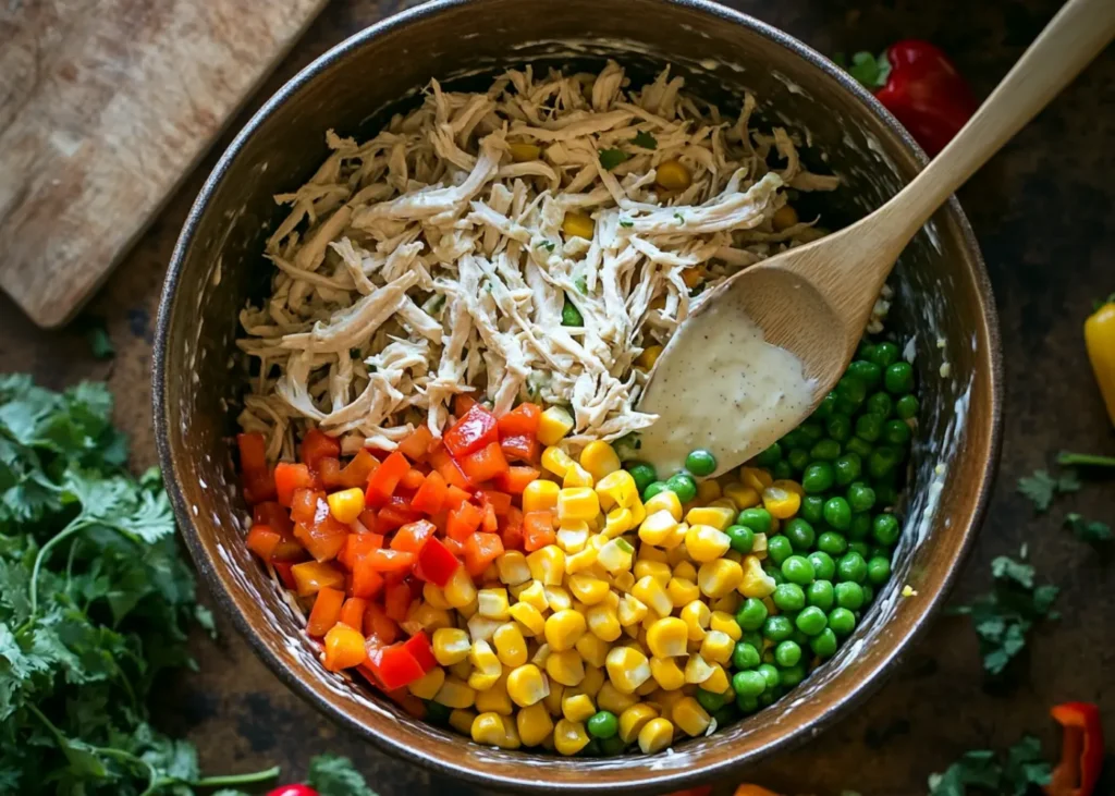 A bowl filled with Mexican chicken salad ingredients being mixed
