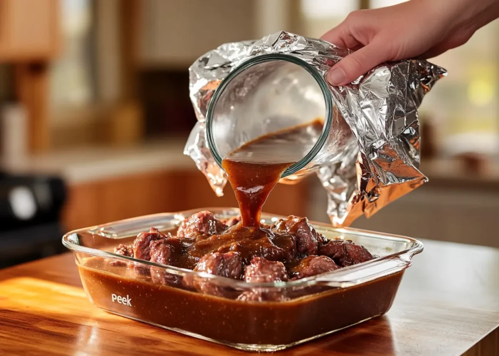 Home cook preparing No Peek Beef Tips by pouring gravy over beef
