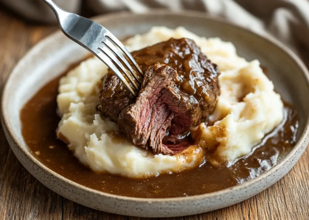 Close-up of No Peek Beef Tips served with mashed potatoes and parsley
