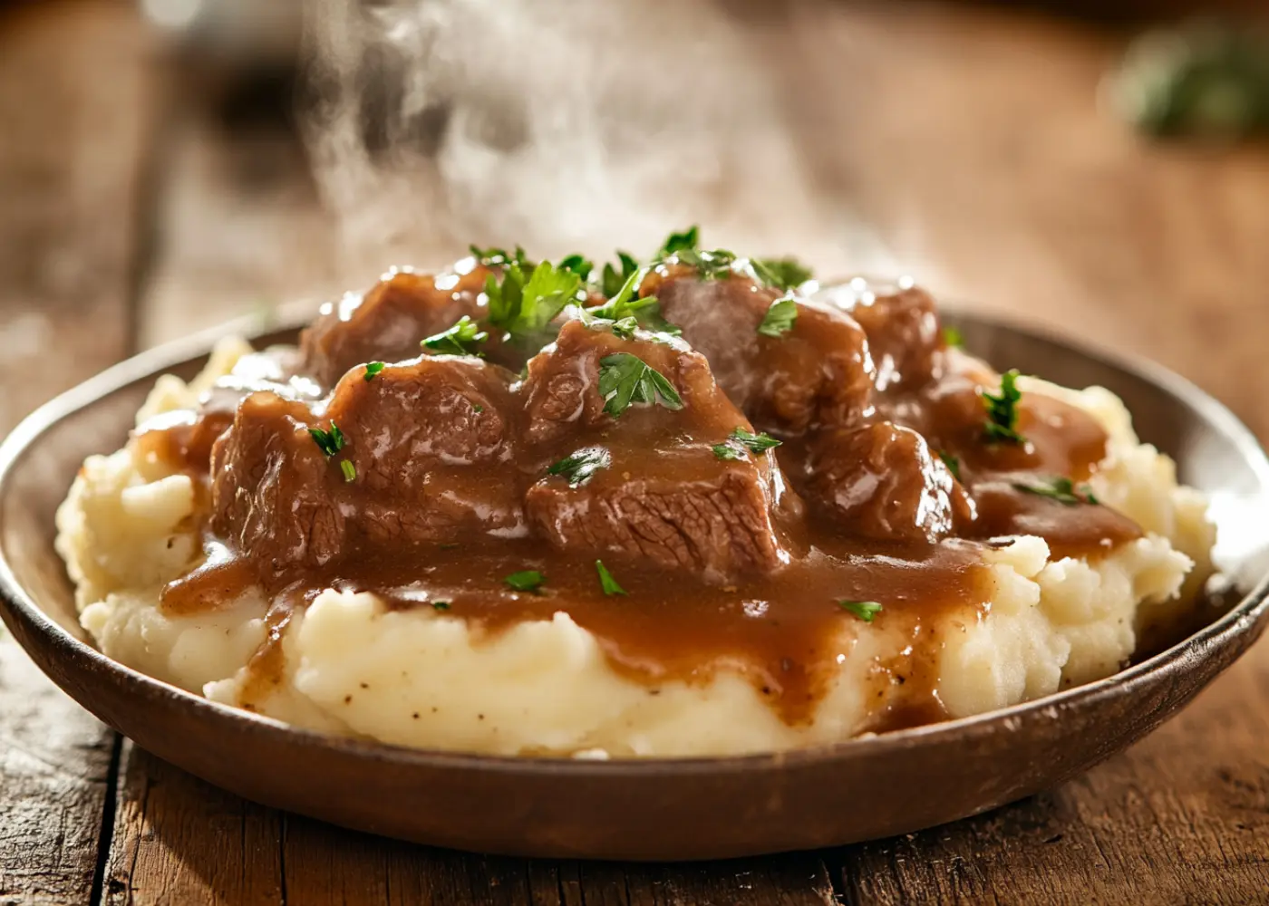 No Peek Beef Tips served over mashed potatoes with rich brown gravy