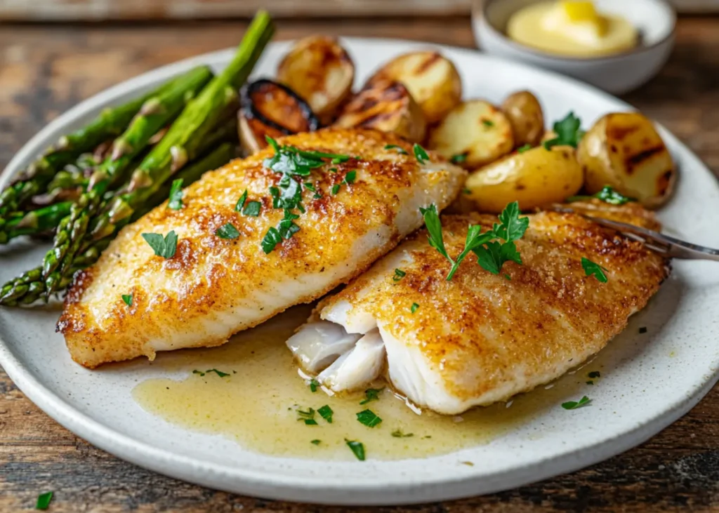 Pan-seared Loup de Mer fillets with crispy skin and lemon butter sauce
