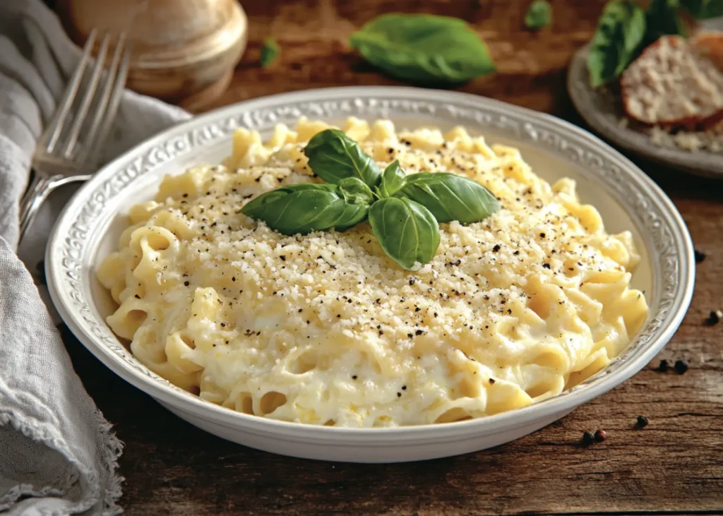 A bowl of pastina with egg and melted Parmesan cheese.