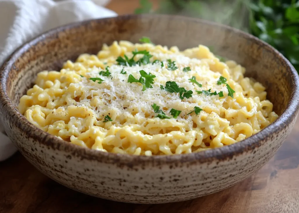 A warm bowl of pastina with egg, creamy and comforting.