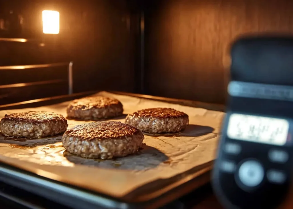 Four frozen burger patties baking inside an oven at 400°F
