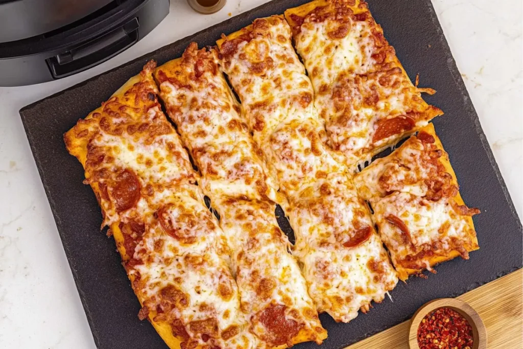 Freshly cooked Totino's Pizza Air Fryer with melted cheese and pepperoni, served on a dark slate board