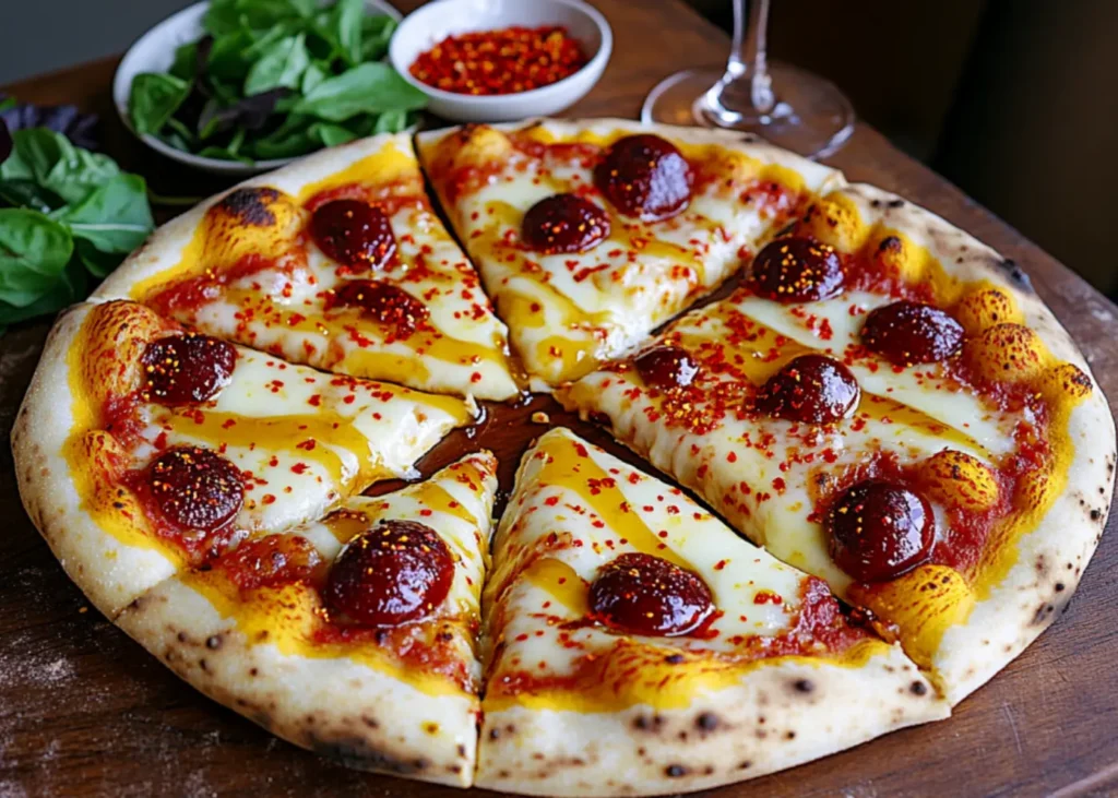 Honey Stung Pizza slices served with salad, chili flakes, and a glass of wine.