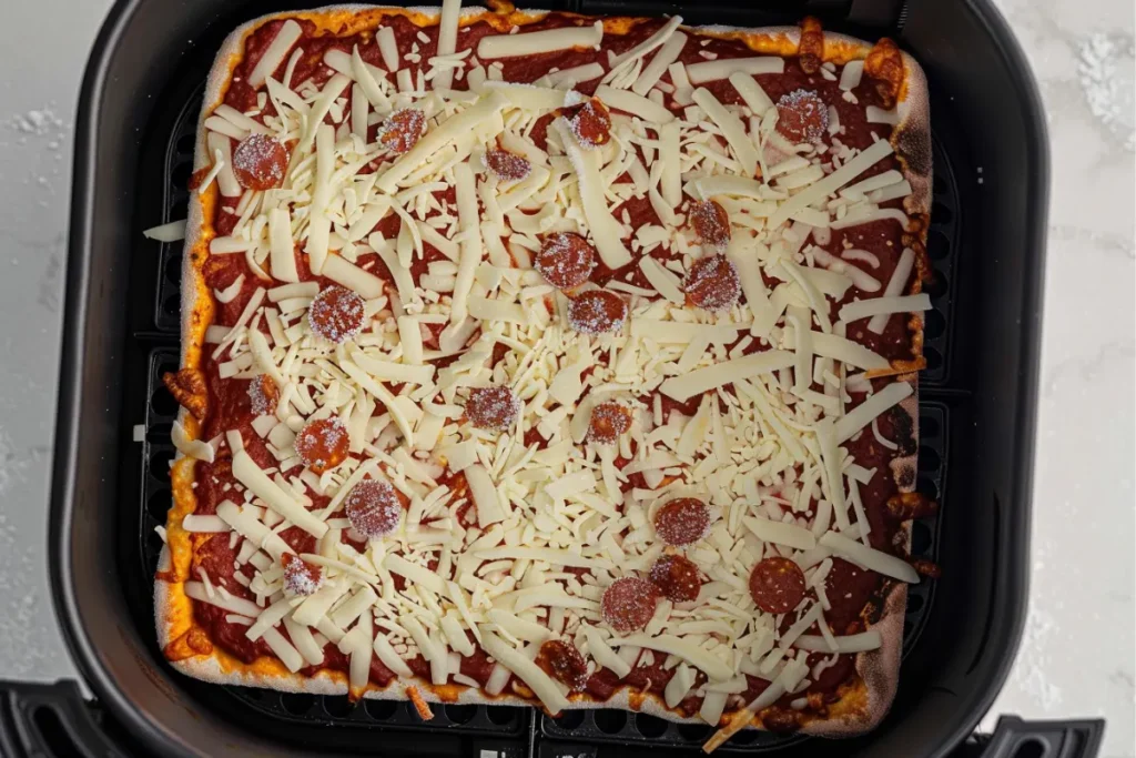 A frozen Totino’s pizza placed inside an air fryer basket before cooking	
